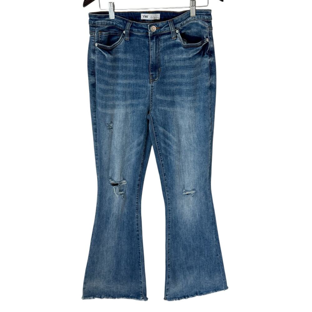YMI Jeans Womens 15/32 Blue High Rise Stretch Flare Bell Bottom Raw Hem Distress